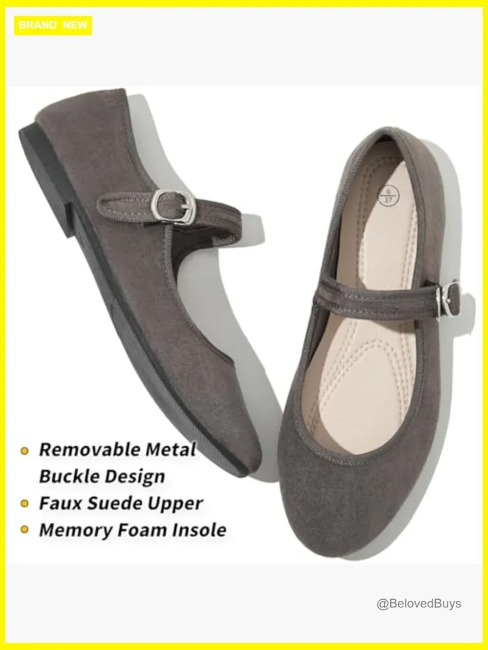Mary Jane Flats with Adjustable Strap, Faux Suede Dress Shoes, Memory Foam